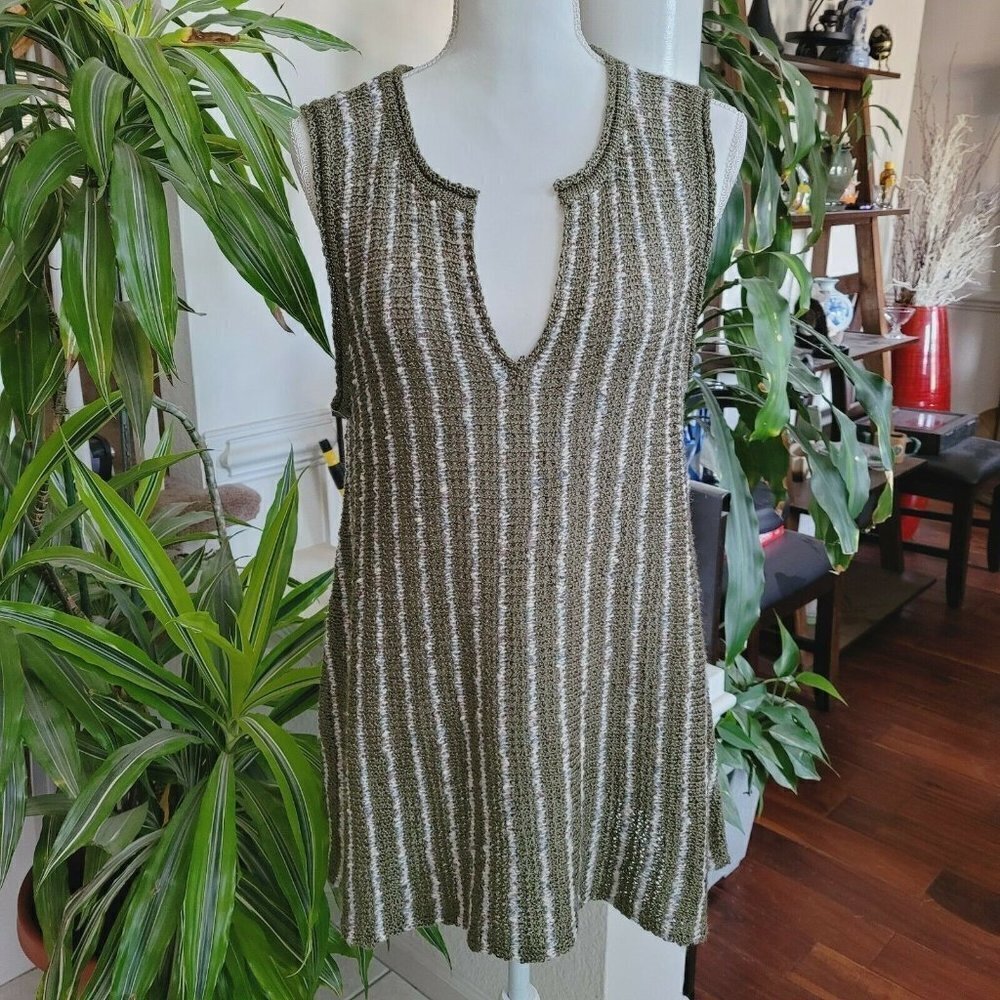 Cottage Core Pullover Knit Vest Tunic Striped BOHO One Size Sm-Lg Olive Green - Picture 2 of 10